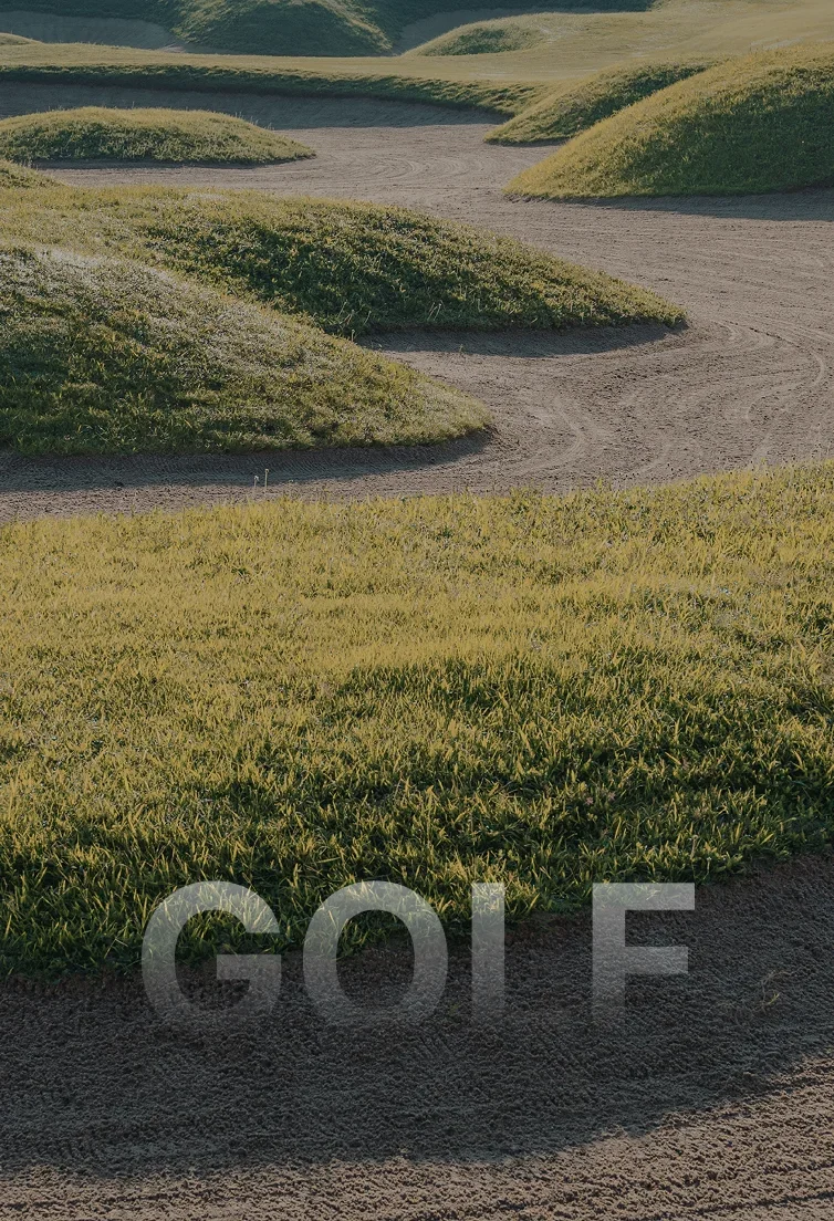 Golden hour sunlight illuminates pristine golf course fairway with natural grass bunkers at Bandon Dunes