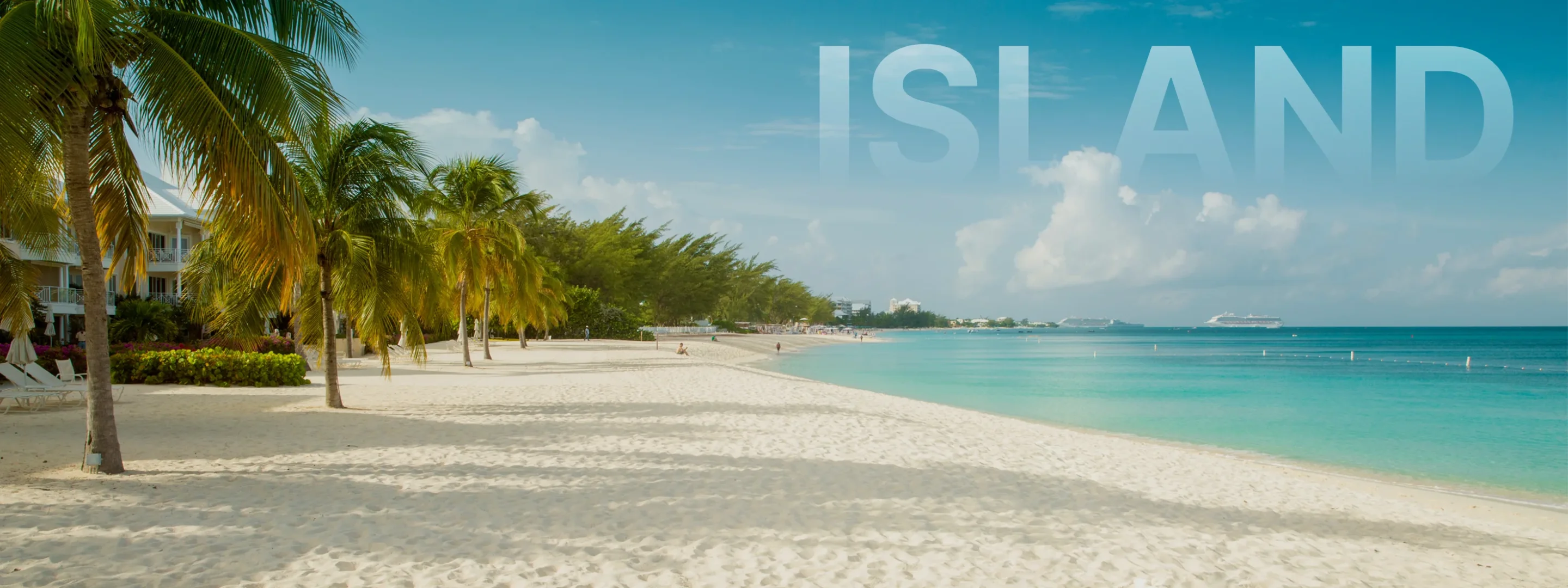Pristine white sand beach with swaying palm trees and turquoise Caribbean waters in Grand Cayman