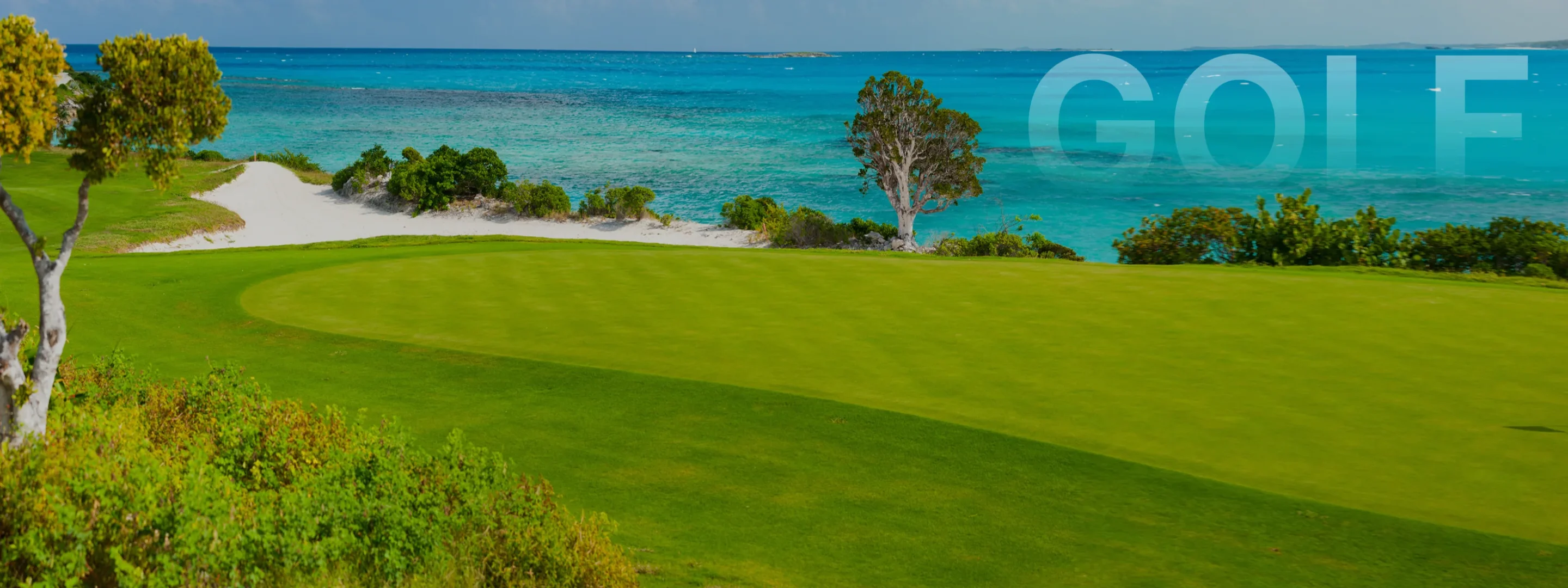 Pristine golf green overlooking turquoise Caribbean waters with tropical vegetation and sandy beach