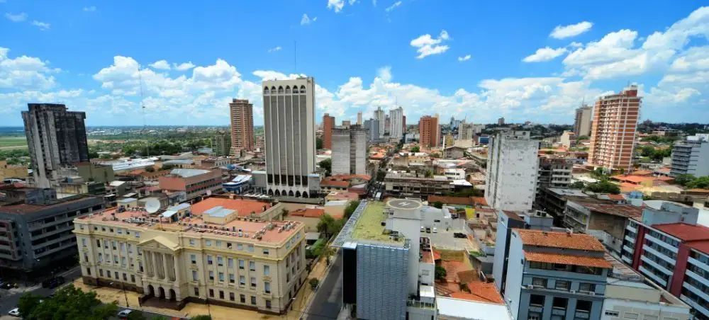 Aerial view of downtown Asuncion showcasing modern high-rises and colonial architecture under blue skies