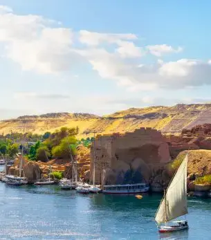 Aswan skyline and landmark attractions seen on descent during a private jet charter approach