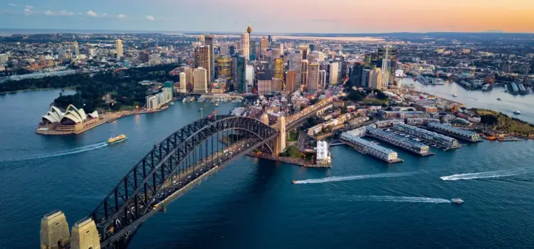 Aerial view of Sydney Harbour Bridge and Opera House showcasing Australia's iconic skyline at sunset