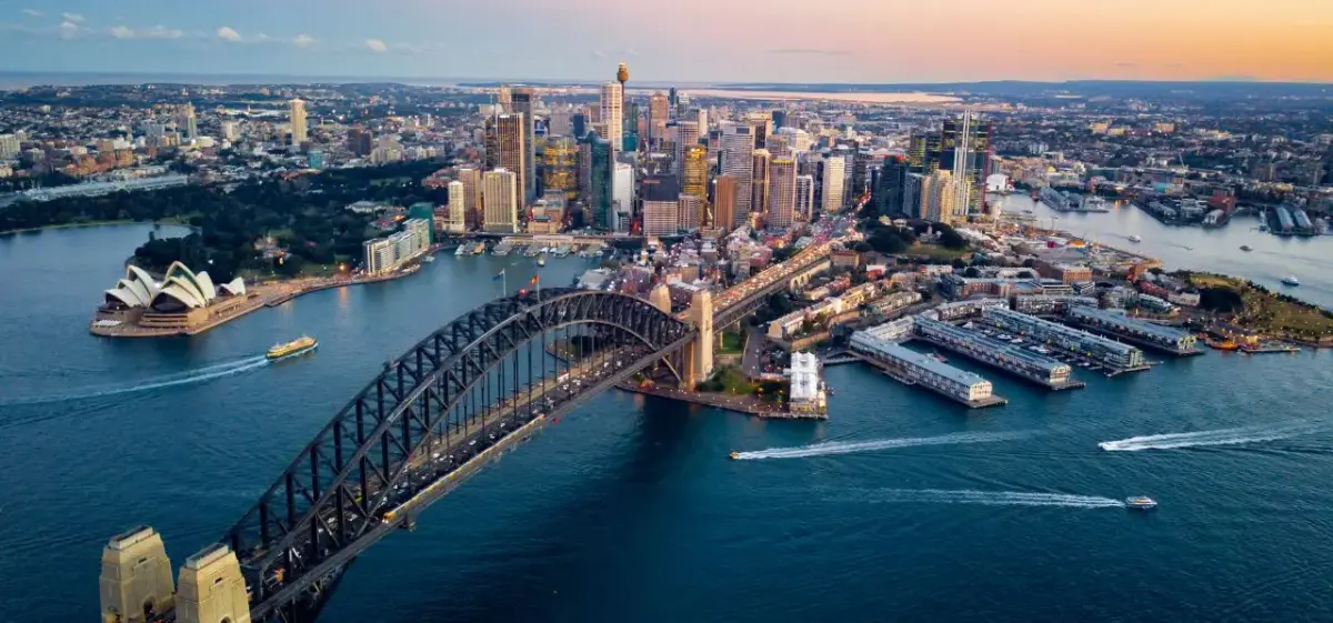 Aerial view of Sydney Harbour Bridge and Opera House showcasing Australia's iconic skyline at sunset