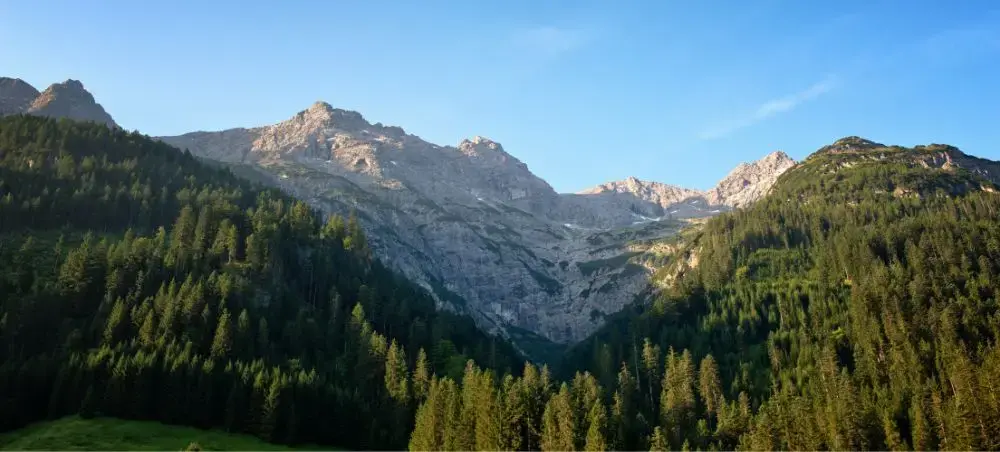 Majestic Austrian Alps with snow-capped peaks and dense evergreen forests showcasing pristine mountain wilderness