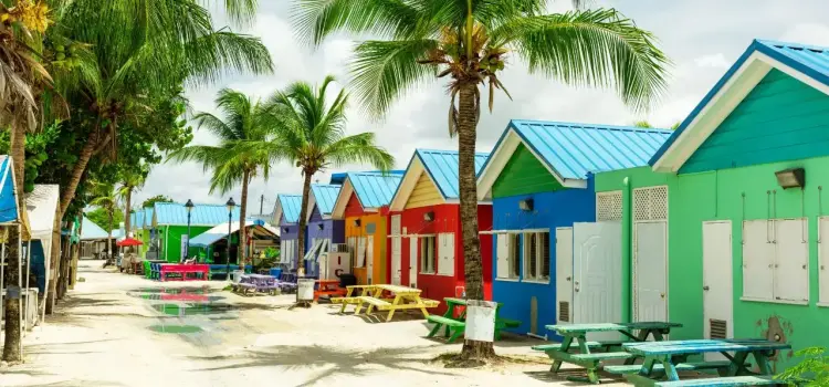 Colorful beach huts line sandy shore with palm trees in Barbados, showcasing vibrant Caribbean architecture