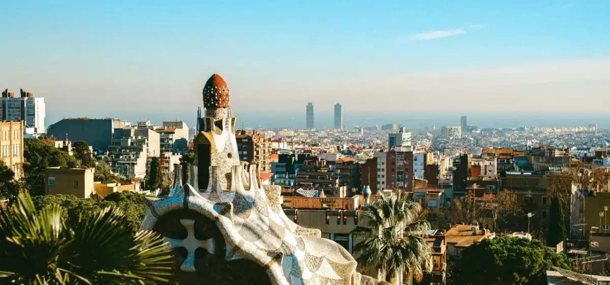 Barcelona skyline and waterfront district photographed from a private aircraft on final approach