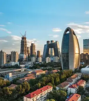 Beijing's modern skyline featuring distinctive skyscrapers and urban architecture for luxury jet travel