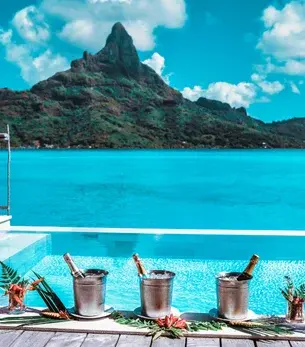 Bora Bora skyline and landmark attractions seen on descent during a private jet charter approach
