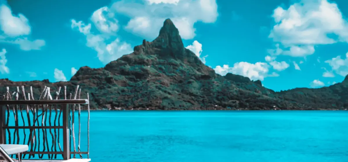 Bora Bora skyline and waterfront district photographed from a private aircraft on final approach