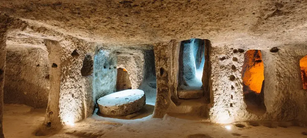 Ancient underground city chambers in Cappadocia with carved stone rooms and atmospheric lighting