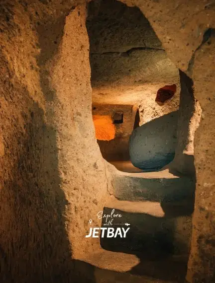 Ancient underground cave dwellings in Cappadocia Turkey showcasing carved stone chambers and tunnels