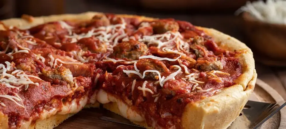 Deep-dish Chicago pizza with thick crust, rich tomato sauce, and melted cheese showcasing iconic culinary tradition