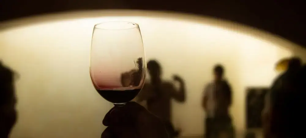 Hand holding wine glass with red wine at sunset, silhouettes of people in background during Chilean vineyard tour