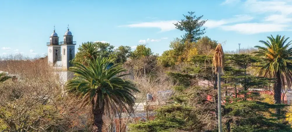 Historic colonial church towers rise above palm trees and lush vegetation in Colonia del Sacramento Uruguay