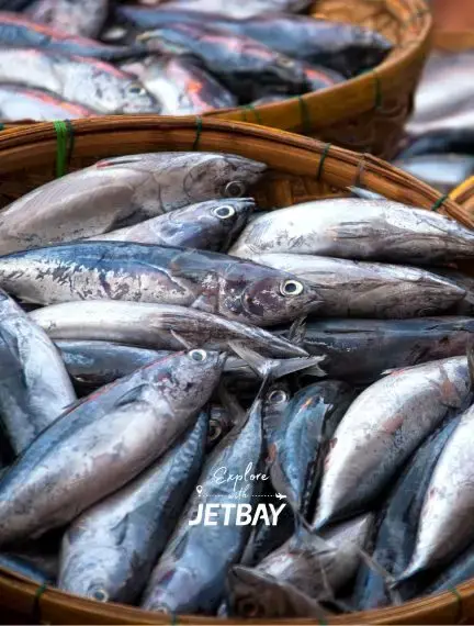 Fresh fish displayed in woven baskets at bustling Dar es Salaam market showcasing local seafood culture