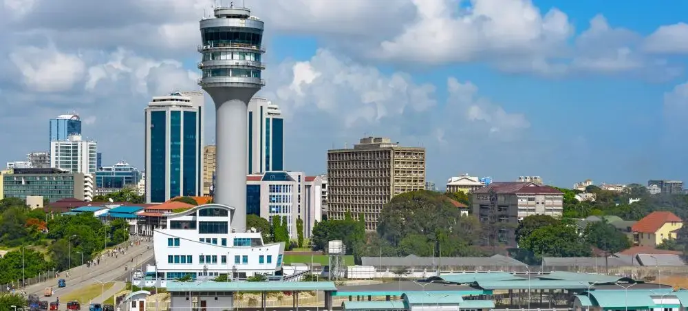 Modern skyline of Dar es Salaam featuring the iconic control tower and urban architecture in Tanzania