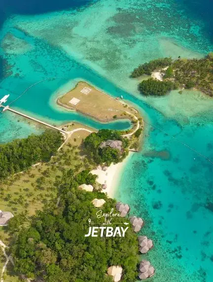 Aerial view of pristine tropical island airstrip surrounded by turquoise waters and lush greenery in Davao