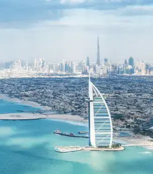 Dubai skyline and landmark attractions seen on descent during a private jet charter approach