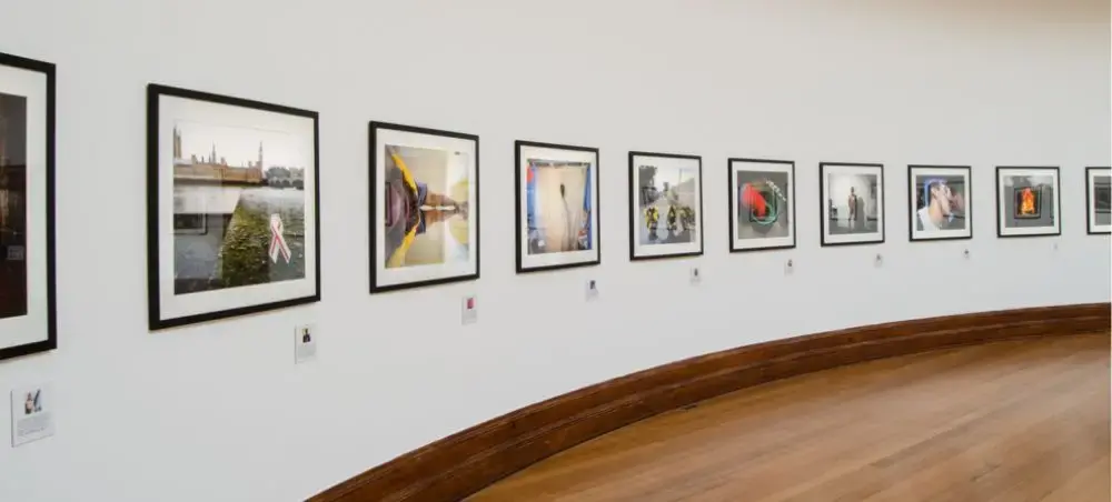 Contemporary art gallery in Durban showcasing framed photographs and artwork along curved white walls
