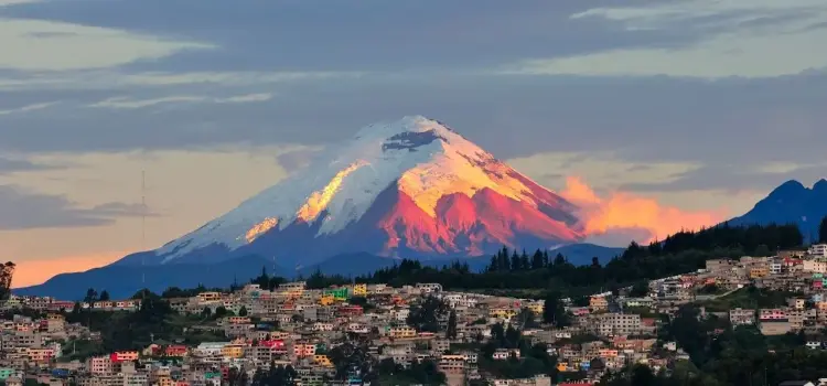 Snow-capped Cotopaxi volcano glowing at sunset above colorful hillside neighborhoods in Ecuador