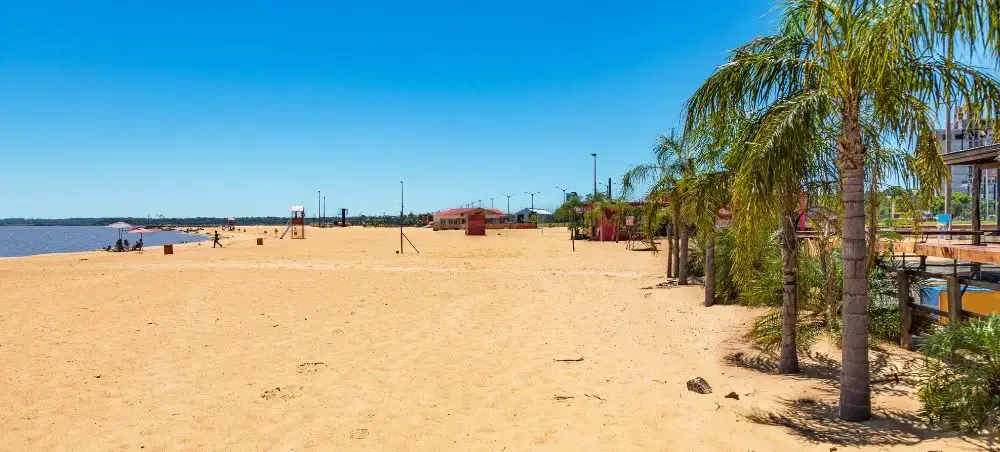 Sandy beach with palm trees and waterfront facilities in Encarnacion, Paraguay's popular riverside destination