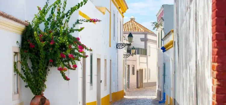Charming cobblestone street in Faro's historic old town with whitewashed buildings and colorful bougainvillea