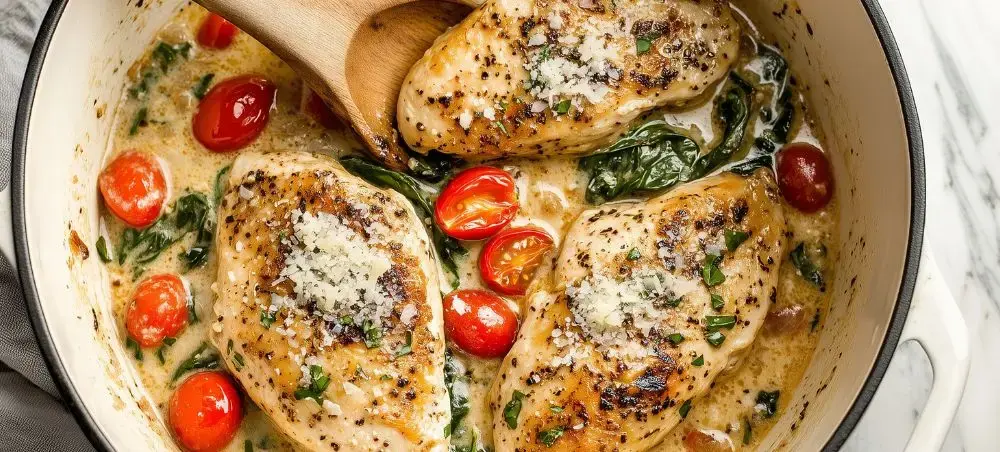 Gourmet Italian chicken with cherry tomatoes and spinach in creamy sauce, showcasing Florence's culinary excellence