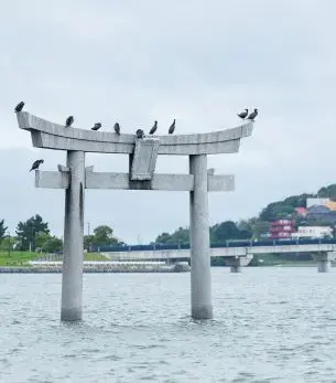 Traditional Japanese torii gate standing in water with birds perched on top in Fukuoka, Japan