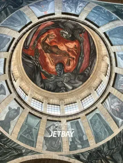 Dramatic ceiling mural depicting revolutionary figures in Guadalajara's historic Hospicio Cabañas cultural center