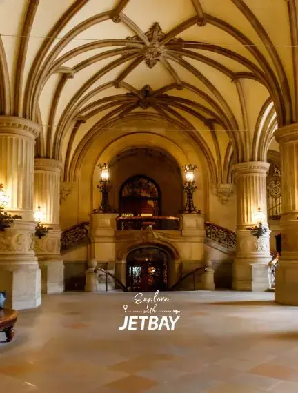 Gothic arched ceiling and marble columns of Hamburg's historic town hall interior showcasing architectural grandeur