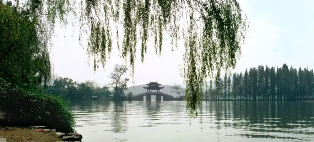 Tranquil West Lake in Hangzhou with traditional Chinese pagoda bridge surrounded by weeping willows