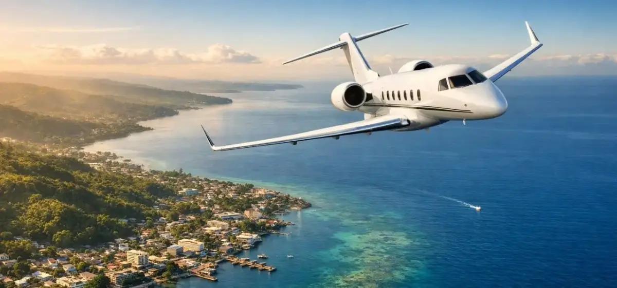 Honiara skyline and waterfront district photographed from a private aircraft on final approach