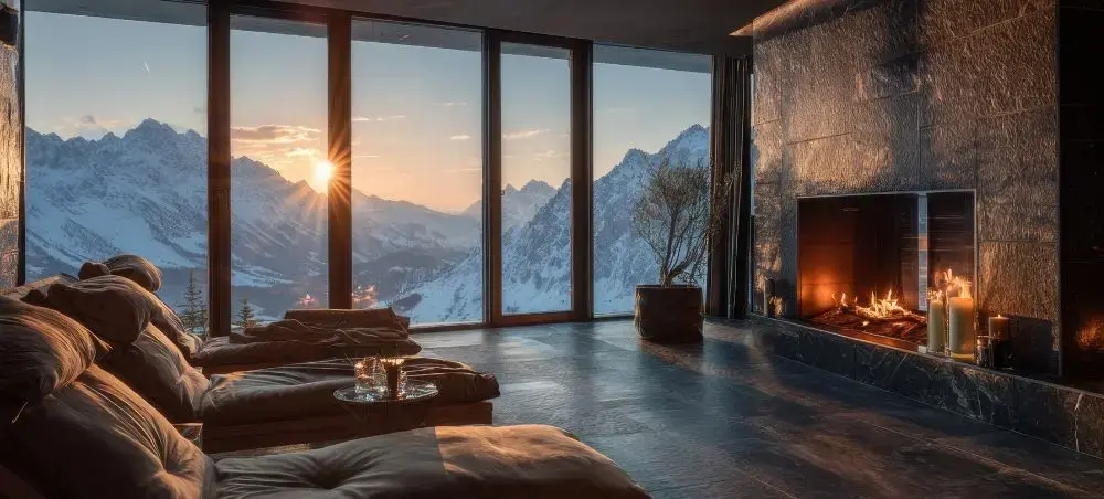 Luxury alpine chalet interior with fireplace overlooking snow-capped Innsbruck mountains at golden hour sunset