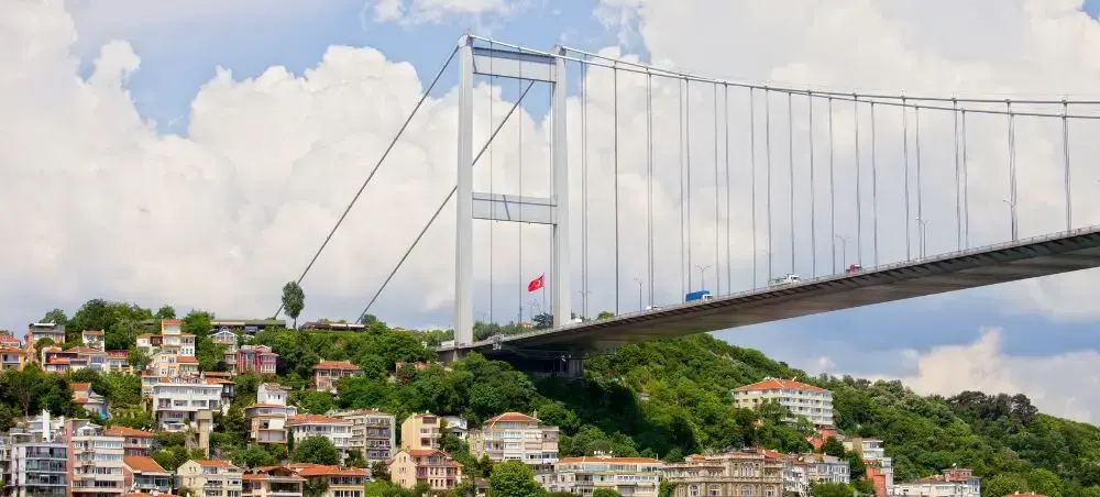 Modern suspension bridge spanning the Bosphorus strait connecting European and Asian sides of Istanbul