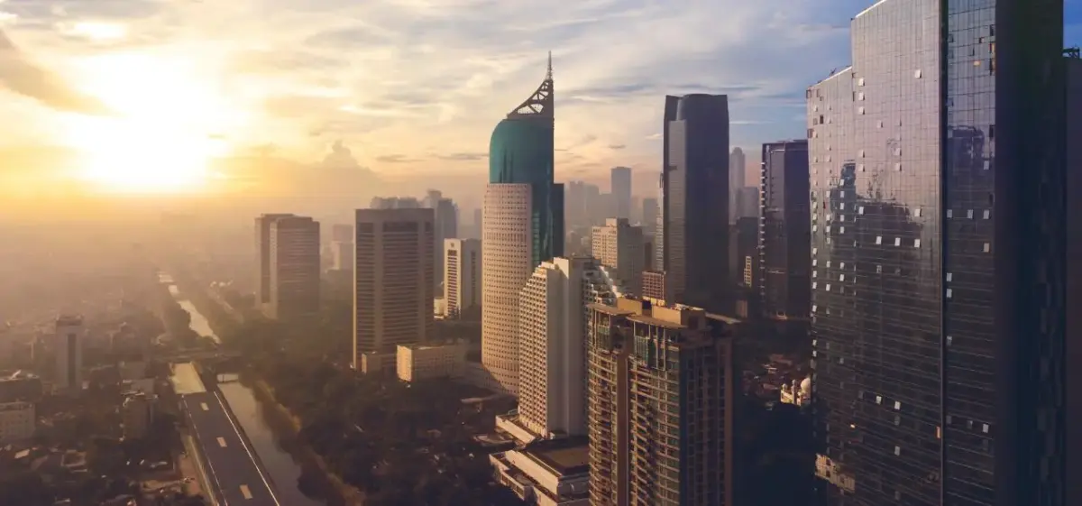Jakarta skyline at golden hour showcasing modern skyscrapers and urban architecture in Indonesia's capital city