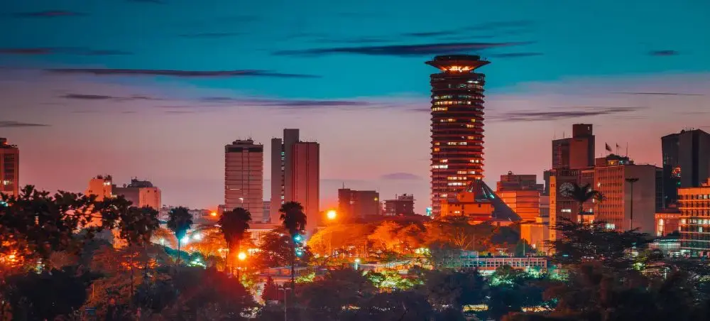 Nairobi skyline illuminated at dusk showcasing Kenya's vibrant capital city for luxury jet travel