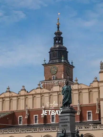 Historic Cloth Hall and Town Hall Tower in Krakow's Main Market Square with Jetbay branding overlay