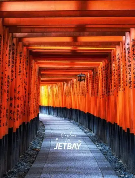 Vibrant orange torii gates creating tunnel pathway at Fushimi Inari Shrine in Kyoto, Japan