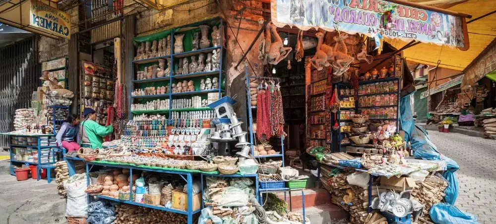 Vibrant street market in La Paz Bolivia showcasing traditional crafts and local goods for travelers