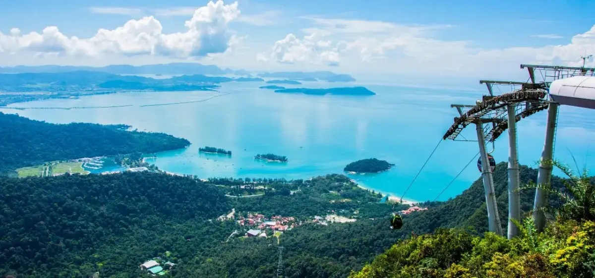 Spectacular aerial view of Langkawi's turquoise waters and lush tropical islands from cable car station