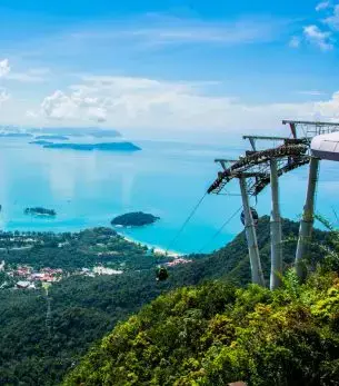 Cable car gondolas ascending above lush tropical forests with turquoise waters of Langkawi archipelago below