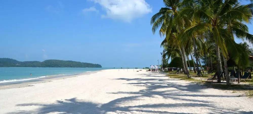 Pristine white sand beach with swaying palm trees in Langkawi, Malaysia, showcasing tropical paradise destination