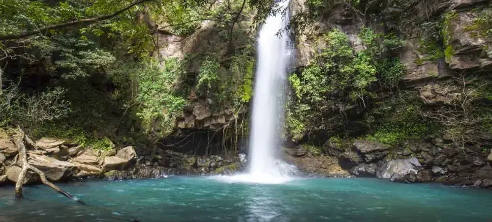 Pristine waterfall cascading into turquoise pool surrounded by lush tropical rainforest in Costa Rica
