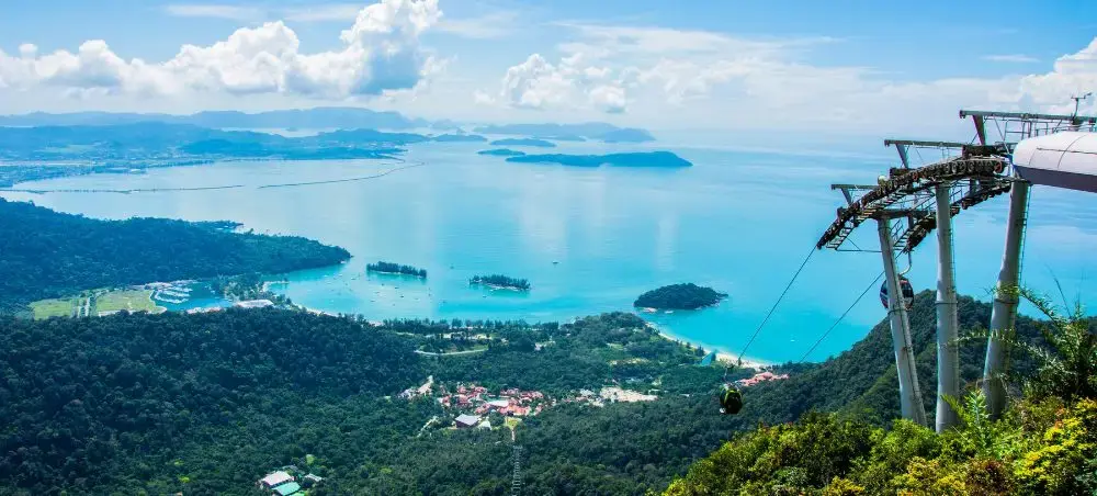 Cable car gondola ascending over lush Malaysian rainforest with turquoise waters and tropical islands below
