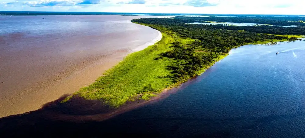 Aerial view of Meeting of Waters near Manaus where Amazon River tributaries converge in distinct colors