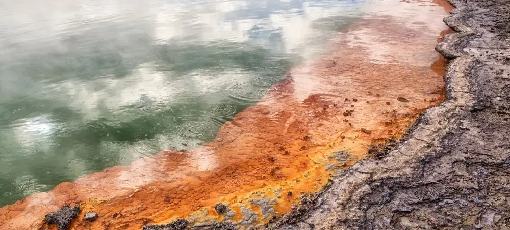 Vibrant geothermal hot springs with orange mineral deposits and steaming emerald waters in New Zealand