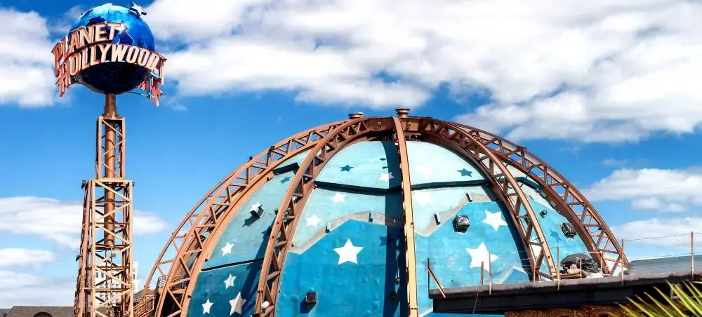 Planet Hollywood theme park dome with distinctive blue star design under cloudy sky in Osaka