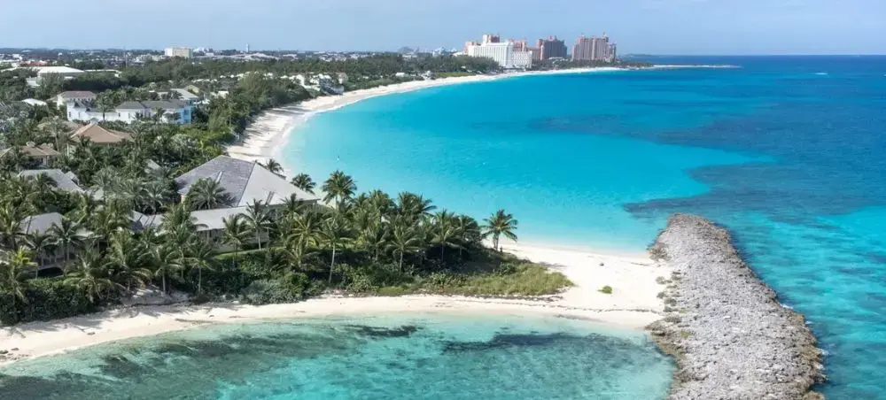Aerial view of Paradise Island's pristine turquoise waters and white sand beaches in the Bahamas