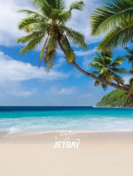 Pristine Paradise Island beach with swaying palm trees and turquoise Caribbean waters in the Bahamas