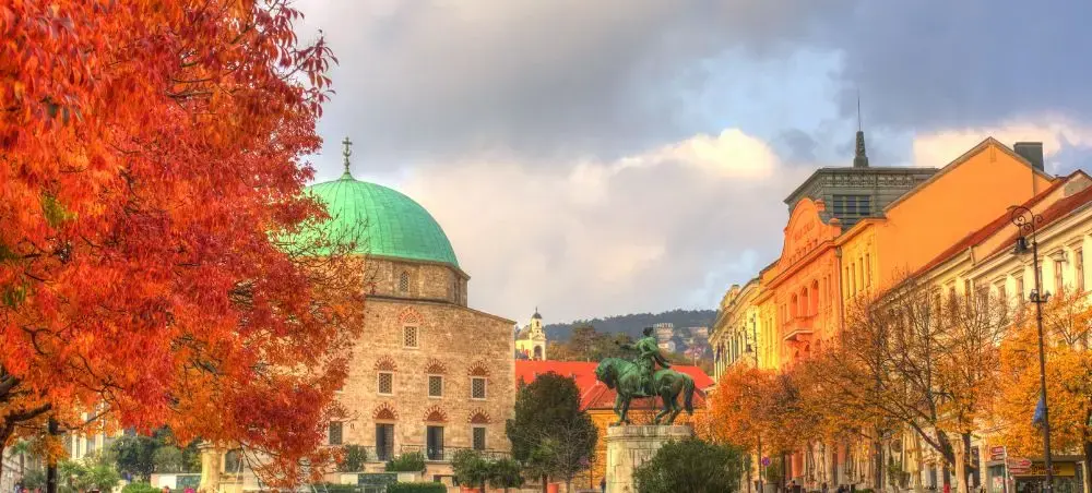 Historic Pecs cityscape showcasing autumn foliage, Ottoman mosque with green dome, and colorful baroque buildings